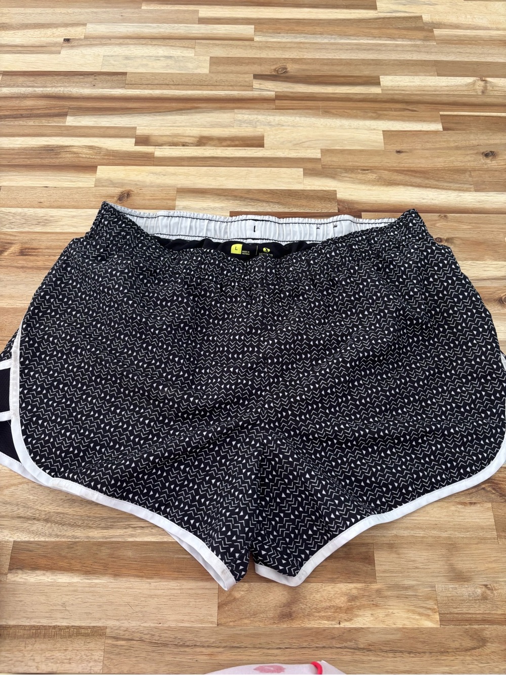 Black Patterned Women’s Athletic Shorts with White Trim